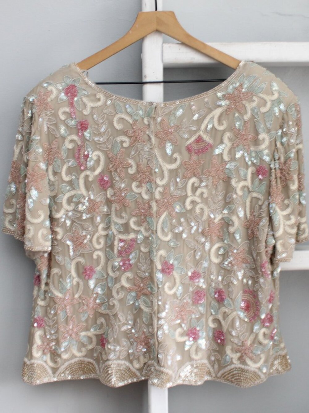 Adriana Papell VTG Silk Multicolor Pink Cream Beaded Sequin Shell Blouse Size 18 - Picture 2 of 5